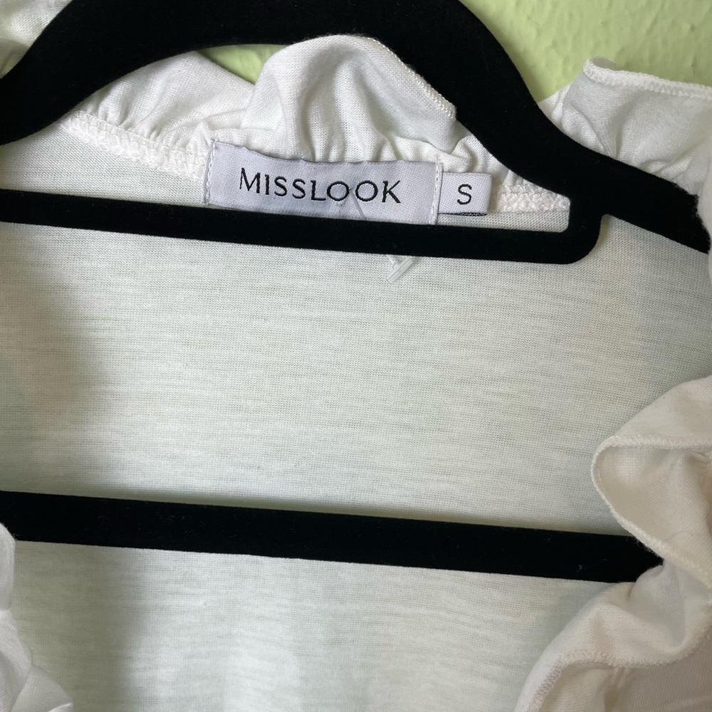 Misslook White Ruffle Top with Sheer Striped Long Sleeves - Picture 4 of 5